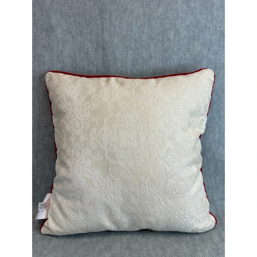 Christmas Olde World Santa Sleigh Reindeer Throw Pillow Red Trim Cream ‎ 17 x 17